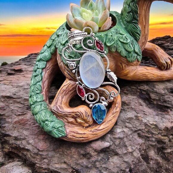 Milky Opal ✦ Blue Sapphire Garnet Pendant ✦ 925 Sterling Silver Intricate Swirl - Picture 5 of 13